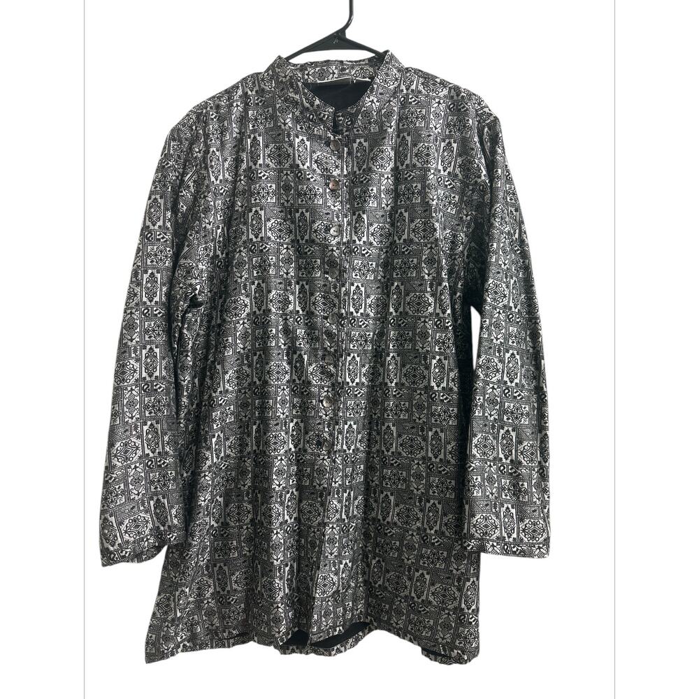 Chico’s Design Vintage Ethnic Gray Black Long Jacket Silk Blend Women XL Size 3